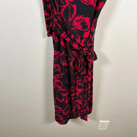 Norma Kamali Faux Wrap Dress Size Large Black Red Floral Jersey Stretch Work - Picture 10 of 12